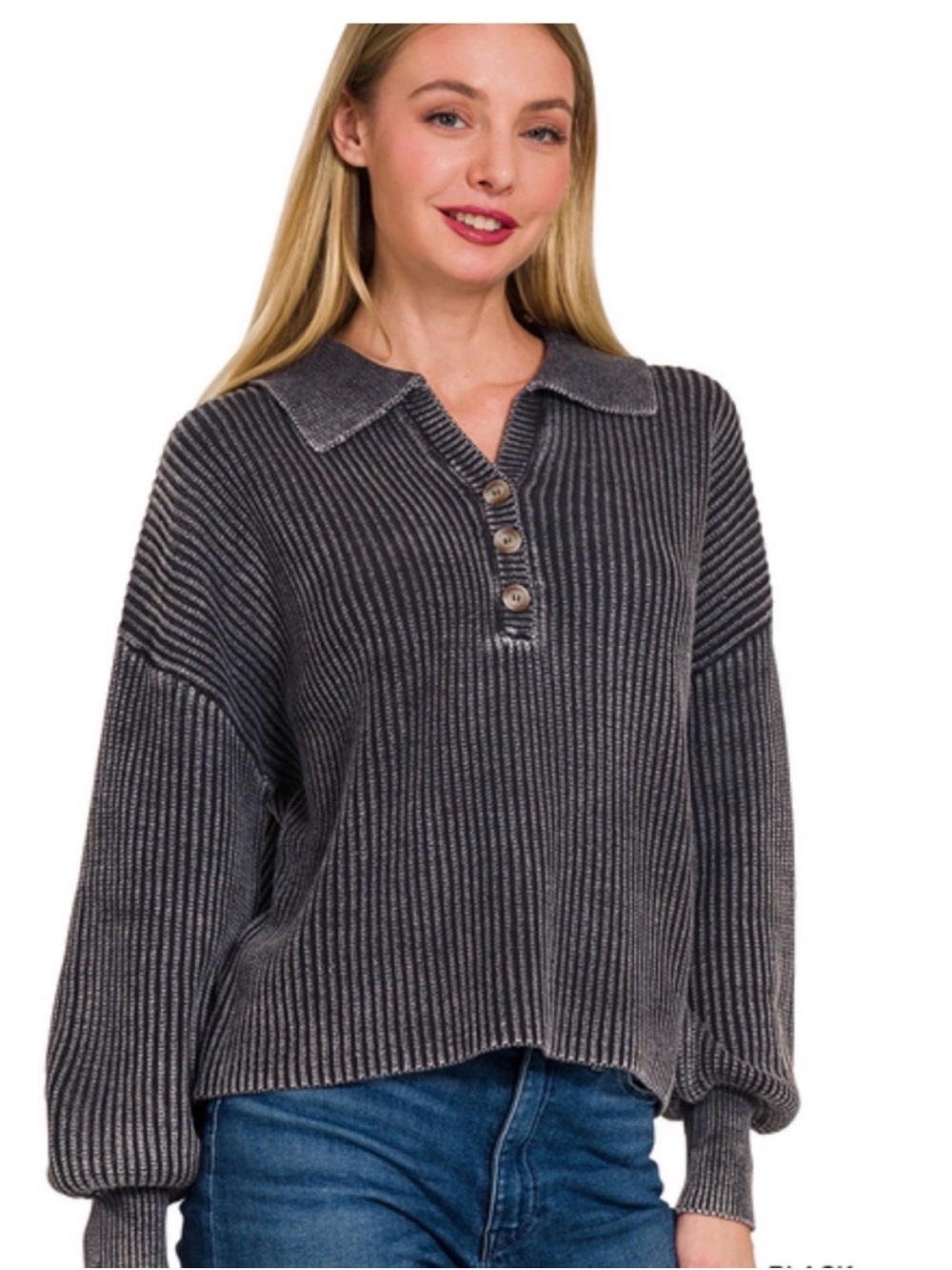 Zenana Outfitters Charcoal and Light Gray Ribbed Collared Button Pullover